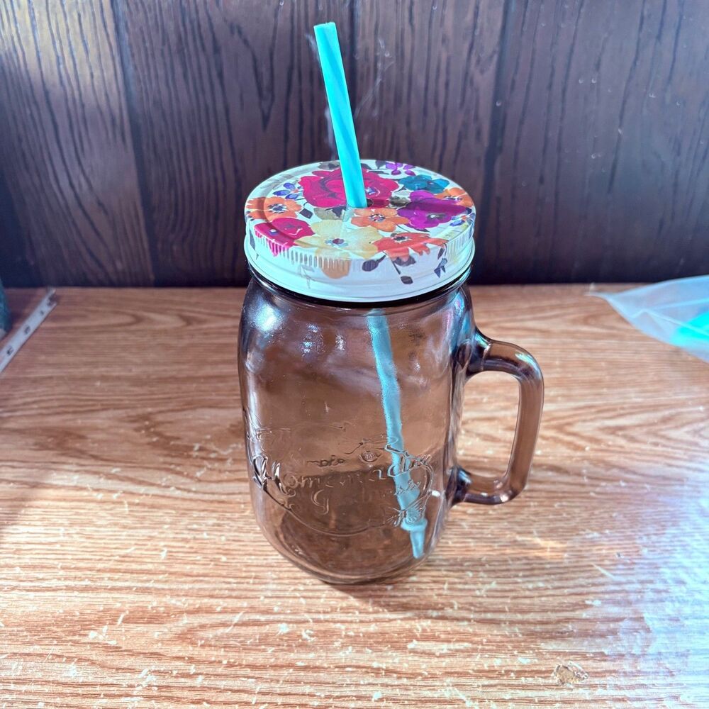 The Pioneer Woman Dark Glass 32oz Mason Jar Mug Floral Lid & Straw - Retired
